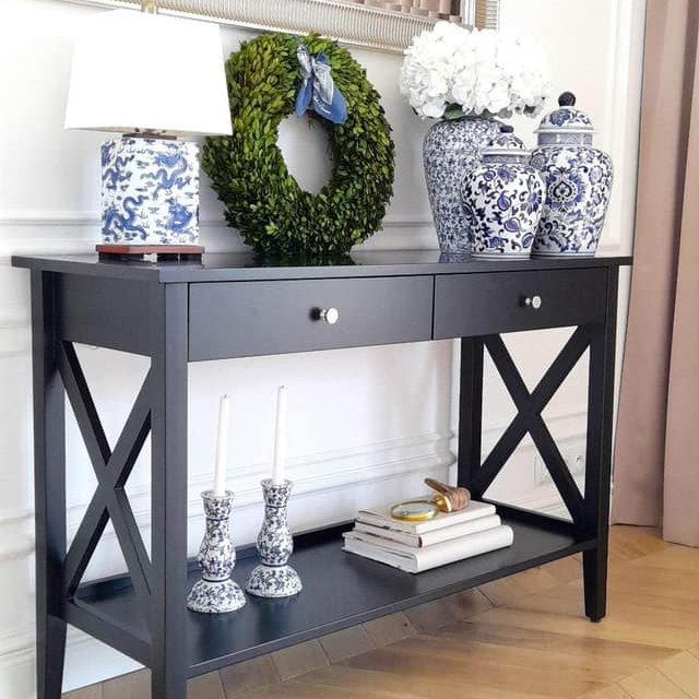 Czarna konsola styl Hampton 80 cm do salonu